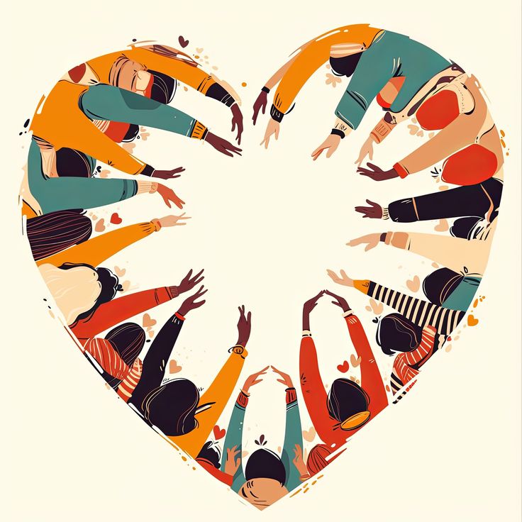 Illustration of diverse hands reaching out to form a heart shape, symbolizing unity and love.