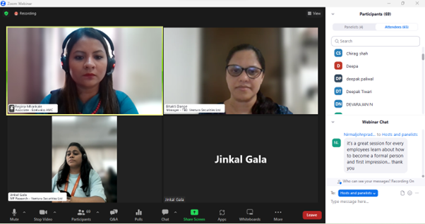 A Zoom webinar featuring four participants, two of whom are visible on the screen. The top row shows a woman wearing headphones and another woman with glasses. The bottom row includes a woman sitting at a desk. The right side displays participant names and comments in the chat section.