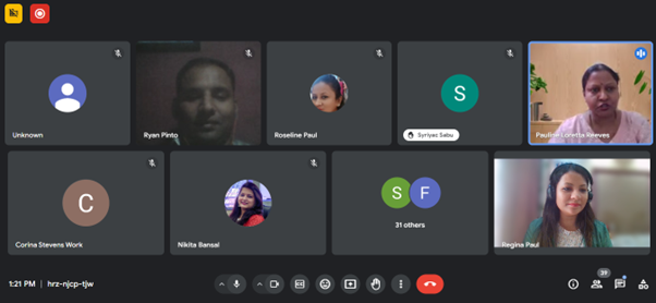 A grid of video call participants, including six individual video feeds and several icons for muted or turned-off cameras. The participants appear to be engaged in a virtual meeting.